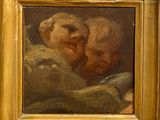 une peinture à l'huile représentant un bébé endormi sur une couverture, dans un cadre doré
