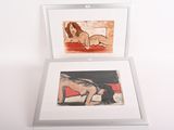 two paintings of a woman laying on a bed
