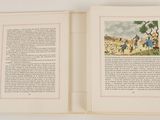 an open book with a picture of a group of people in a field