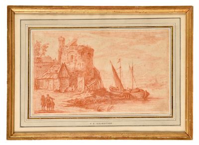 a drawing of a boat in a body of water with a castle in the background