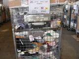 a metal cart with many items in it in a warehouse