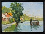 a painting of a boat on the water near a tree