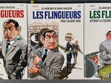 three books on a shelf with a man holding a gun and a woman holding a gun