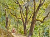 une image représentant un tableau où l'on voit des personnes marchant sur un sentier dans les bois