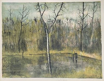 tableau représentant deux chevaux debout dans un champ, près d'arbres