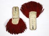 pair of red hairbrushes with fringes on them on a white surface