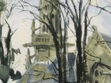 a painting of a church with a steeple in the background