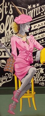 un tableau représentant une femme en robe rose assise sur une chaise jaune