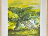 an abstract painting of a tree with green leaves in a white frame