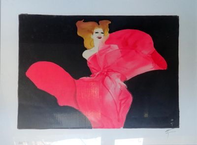un tableau représentant une femme en robe rose sur fond noir