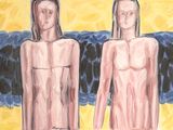 tableau représentant deux nus debout l'un à côté de l'autre devant un fond bleu et jaune