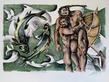 un tableau représentant un homme debout à côté d'un poisson
