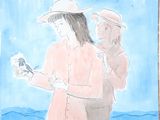 two people standing next to each other on the beach
