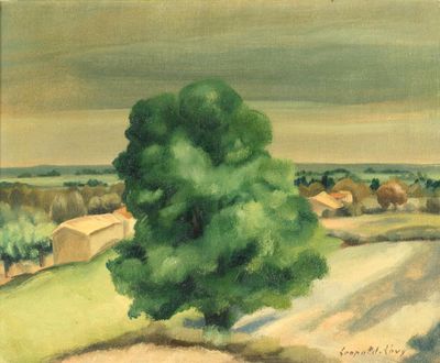 l'image d'un tableau représentant un arbre au milieu d'un champ