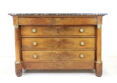 an antique chest of drawers with marble top on a white background