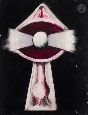 une image représentant une peinture d'une croix avec une boule au centre