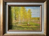 une peinture à l'huile représentant une personne marchant dans un champ bordé d'arbres