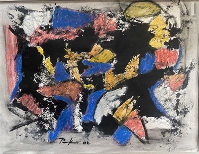 tableau représentant une peinture abstraite aux couleurs noir, jaune, rouge et bleu