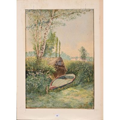 une image représentant un tableau où l'on voit un bateau dans l'herbe