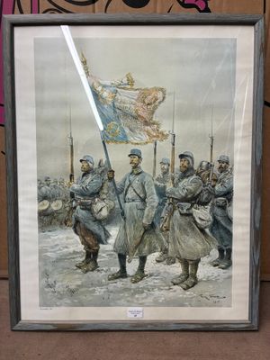 tableau représentant un groupe de soldats tenant un drapeau devant un mur