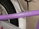 a close up of a bike with a purple handlebar
