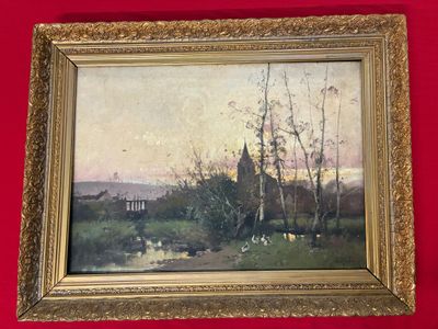 une peinture à l'huile représentant un paysage avec un pont au loin