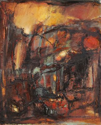 an image of a painting of a building with a clock on it