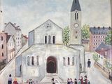 tableau représentant une église devant laquelle passent des gens