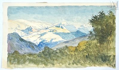 une aquarelle représentant un paysage de montagne avec des arbres