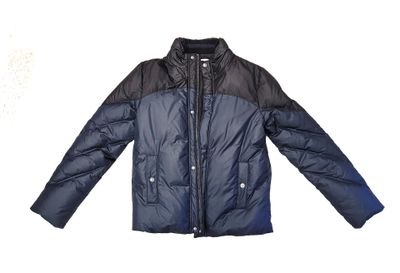blue and black jacket on a white background with a white background