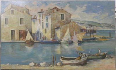 a painting on the wall of a building with boats in the water