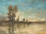 une peinture à l'huile représentant une rivière avec des arbres et des oiseaux volant au-dessus de l'eau