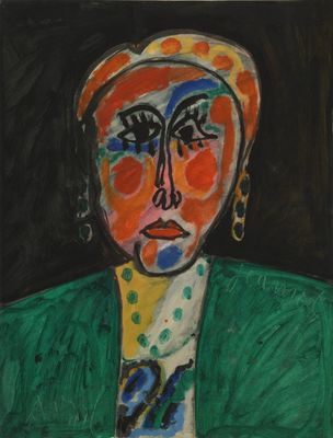 an image of a painting of a woman in a green jacket