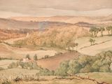 a painting of a view of a valley with hills in the distance
