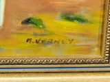an oil painting of a yellow field with a tree in the distance