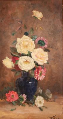 a painting of flowers in a blue vase on a table