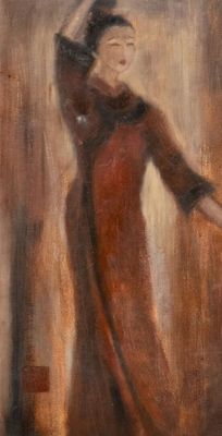 une peinture à l'huile représentant une femme en robe rouge en train de danser