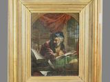 an old painting of a man reading a book in a room