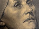 painting of a woman with a headscarf looking up at the sky
