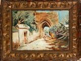 an oil painting of a street scene with a man walking down the street