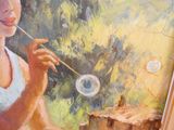 un tableau représentant une femme en train de faire des bulles sur une souche d'arbre