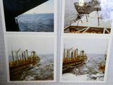 several pictures of a ship in the water with a boat in the background