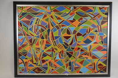 painting of a colorful abstract painting hanging on a wall in a room