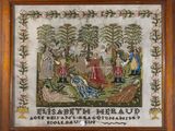 an antique needled picture of a group of people in a wooded area