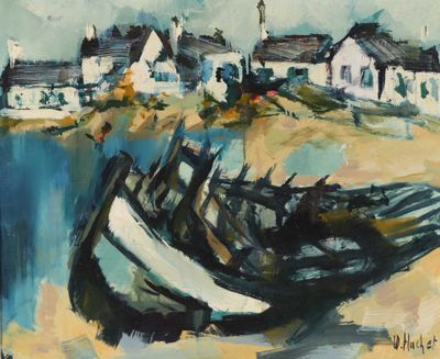 un tableau représentant un bateau sur une plage, près d'une maison