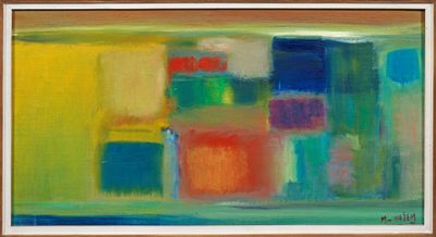 a painting of a painting of colorful squares on a yellow background