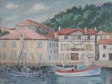 une peinture d'un bateau dans l'eau près d'un bâtiment