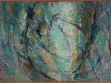 peinture abstraite représentant le visage d'une femme dans un cadre bleu, vert et marron