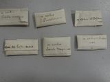 several pieces of paper with writing on them sitting on top of a table