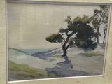 a picture of a watercolor painting of a tree by the water